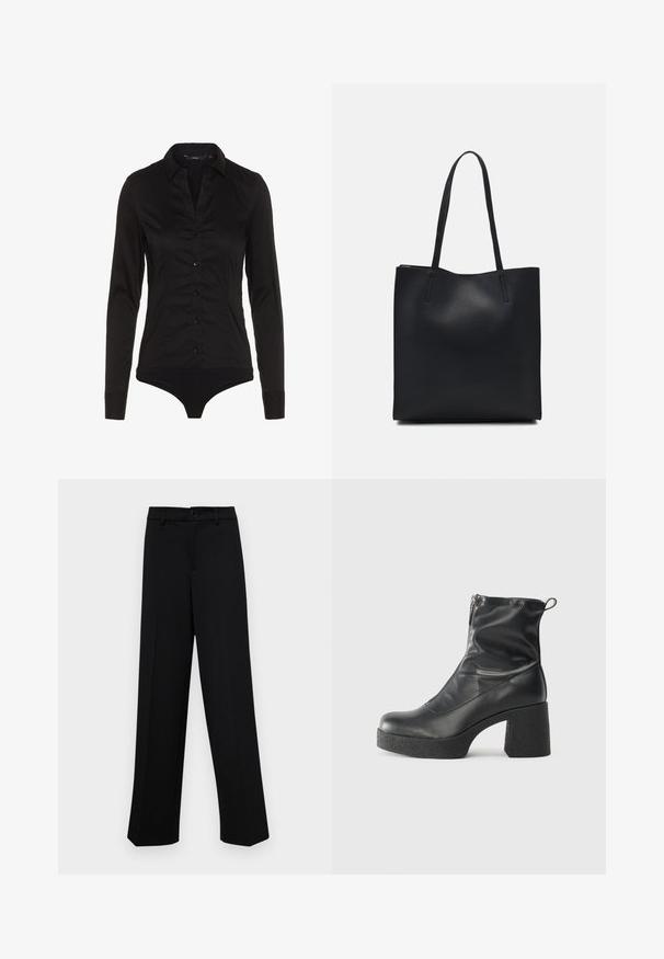 Bodysuit negro de manga larga con cuello de solapa, abertura con botones en la parte delantera y diseño ajustado. Confeccionado con tejido suave y acabado elegante.; Pantalones de pierna ancha negros, hechos de un tejido suave, con una cintura clásica que incluye un cierre de botón y pliegues frontales.; Botines negros de tobillo, hechos de cuero suave, con cierre lateral, tacón grueso texturizado y diseño de punta redondeada.; Bolso tote de cuero negro con textura lisa, forma rectangular y dos asas largas. Sin herrajes ni adornos visibles.