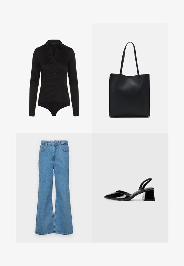 Body nero a maniche lunghe con colletto, bottoni sul davanti e design aderente. Realizzato in tessuto morbido con una finitura elegante.; Jeans svasati di un blu chiaro, realizzati in denim, con vita alta, cinque tasche e chiusura a un bottone. Morbido al tatto con una finitura scolorita.; Décolleté in vernice nera con punta affusolata e tacco in geometria cubica. Presentano un design elegante e minimalista, con una texture liscia.; Borsa tote in pelle nera con texture liscia, forma rettangolare e due manici lunghi. Nessun hardware o decorazione visibile.