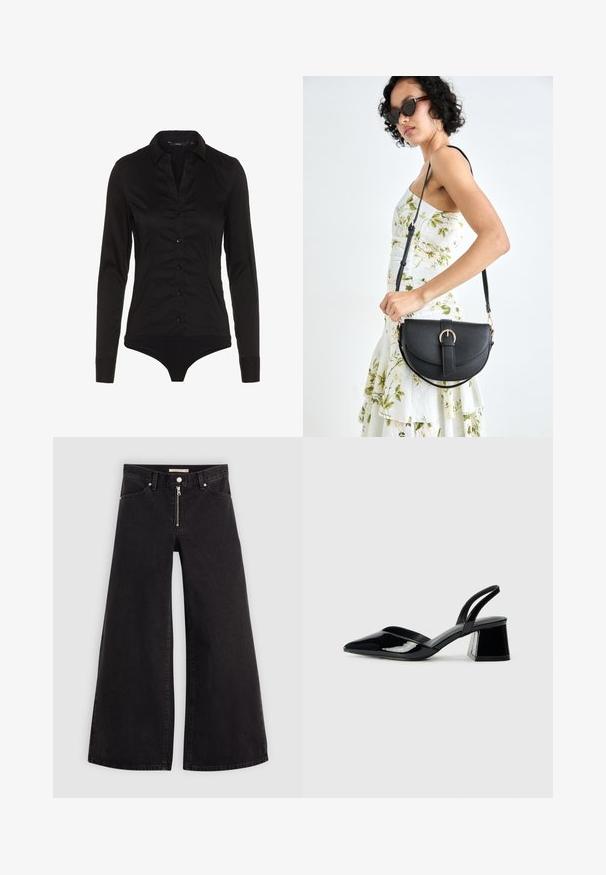 Black long-sleeve bodysuit with a collared neckline, button placket at front, and fitted design. Made from smooth fabric with a sleek finish.; Wide-leg jeans in black denim with a zippered front, five-pocket design, and subtle stitching details. Smooth texture and casual style.; Black patent leather slingback heels with a pointed toe and a geometric block heel. Features a sleek, minimal design and smooth texture.; Black leather handbag with a curved shape, detachable strap, and gold hardware. The bag features a flap with a buckle detail.