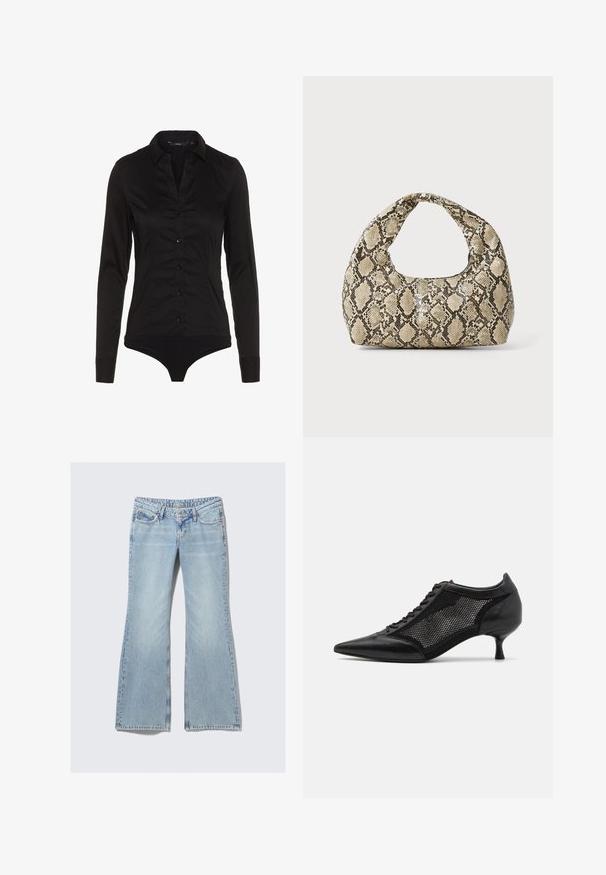 Schwarzes Langarm-Bodysuit mit Kragen, Knopfleiste an der Vorderseite und tailliertem Design. Hergestellt aus glattem Stoff mit einem eleganten Finish.; Weekday NOVA - Jeans Slim Fit - lip blue; Schwarzer spitzer Schuh mit einem Mesh-Panel-Design, ausgestattet mit einem niedrigen Absatz und einer Schnürung vorne. Hergestellt aus einer Kombination von Leder und Mesh-Material.; Schlangenmuster-Tasche mit einem gebogenen Griff. Hergestellt aus strukturierten, beige- und braunfarbenen Materialien, die ein markantes Diamantmuster aufweisen.