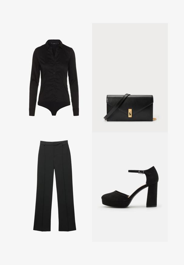 Zwarte lange mouw bodysuit met een kraaghalslijn, knoopsluiting aan de voorkant en een getailleerd ontwerp. Gemaakt van een gladde stof met een stijlvolle afwerking.; Zwarte hoge taille wijde broek met riemlussen en een detail met verticale naad, gepresenteerd op een witte achtergrond.; Zwarte suède plateauhakken met een dikke blokhak, ronde neus en enkelbandje dat is beveiligd met een metalen gesp. Zachte textuur overal.; Zwarte leren portemonnee met een opklapbare flap, gouden hardware en een logo-accent. Inclusief een afneembare strap voor het dragen.