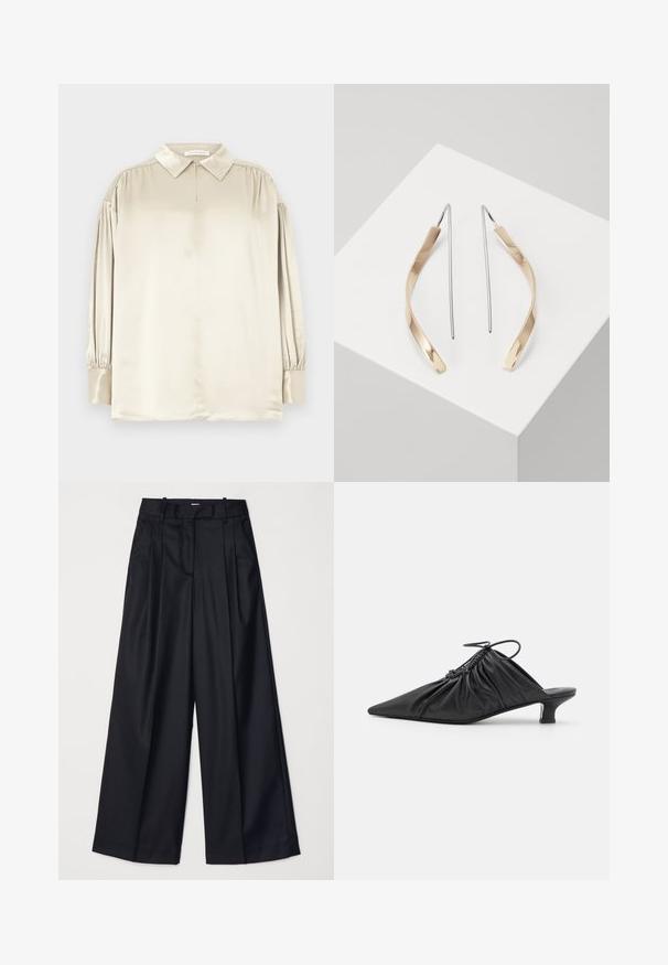 Blusa de satén beige de manga larga con cuello puntiagudo, puños con botones y sutiles recogidos en los hombros, extendida y plana.; Pantalones de pierna ancha negros, confeccionados en una tela suave, con una cintura alta, pliegues y un diseño ajustado. Accesorios sencillos en negro en la cintura.; Mules negros de cuero sin hebillas con punta afilada, textura recogida y un pequeño tacón de gato. Presentan un detalle de cordón en la abertura.; Pendientes colgantes de oro y plata con una forma alargada y curvada. Acabado brillante con una textura suave y diseño minimalista.