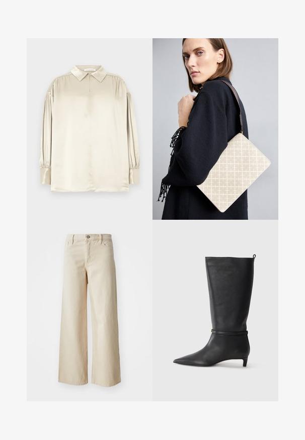 Beige Satinbluse mit langen Ärmeln, spitzem Kragen, knöpfbaren Manschetten und dezenten Raffungen an den Schultern, flach ausgebreitet.; Beige weite Jeans aus Denim, mit hoher Taille, Knopfverschluss, Gürtelschlaufen und Seitentaschen. Glatte Textur und bequemer Schnitt.; Schwarze Lederkniehohe Stiefel mit spitzem Zehen, akzentuiert durch einen runden Riemen um das Knöchel und einen niedrigen, tapernden Absatz. Glatte Textur.; Beige gemusterte Schultertasche mit einer strukturierten Form, ausgestattet mit einem braunen strukturierten Tragegurt. Auf einem Model vor einem grauen Hintergrund getragen.