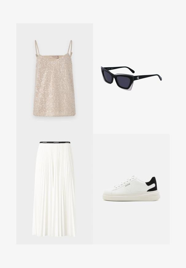 Bež sequin-särgiga kampsun õhukeste rihmadega, millel on V-kaelus ja pehme, siledapind. Etiketil on kirjas "TWINSET."; Kurtitudega valge seelik musta elastse vööga, millel on "LACOSTE" logo. Keskmise pikkusega disain pehme tekstuuriga.; Valged nahast tennisetossud paksu valge tallaga, musta sametist kontsakeeuga ja külje peal riigilogo reljeefne kujundus. Lukkeskeem kuue silmaauguga.; Mustad suured mustad prillid geomeetrilise kujuga, tumedate läätsedega ja kontrastse halli detailiga raamidel. Logo käe peal.