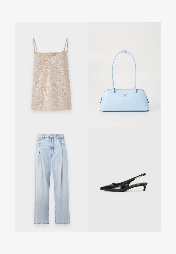 Beżowy top na cienkich ramiączkach z cekinami, z dekoltem w kształcie litery V i miękką, gładką fakturą. Metka z napisem "TWINSET."; Jasnoniebieskie dżinsy z wysokim stanem, szerokimi nogawkami, dwoma bocznymi kieszeniami oraz plisowanym wzorem. Miękka tekstura z wyblakłym wykończeniem.; Czarne skórzane szpilki typu slingback z ostrym noskiem, posiadające smukły obcas i złoty akcent na regulowanym pasku. Gładka tekstura.; Jasnoniebieska torebka o sztywnym kształcie, wykonana z gładkiej skóry, z dwoma uchwytami i trójkątnym logo marki z przodu. Zamek błyskawiczny.