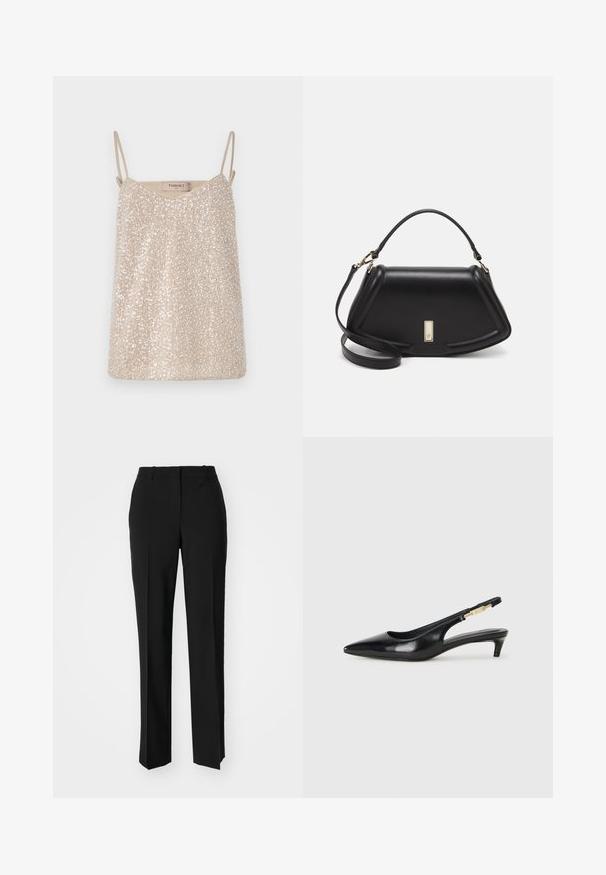 Beige sequin cami top with thin straps, featuring a v-neckline and a soft, smooth texture. Label reads "TWINSET."; Black tailored trousers with a straight-leg design, featuring a smooth texture and crisp creases along the front. No visible hardware.; Black leather slingback heels with a pointed toe, featuring a slim heel and a gold-tone accent on the adjustable strap. Smooth texture.; Black leather handbag with a structured design, featuring a cropped shape, top handle, and gold hardware accent. Adjustable shoulder strap included.