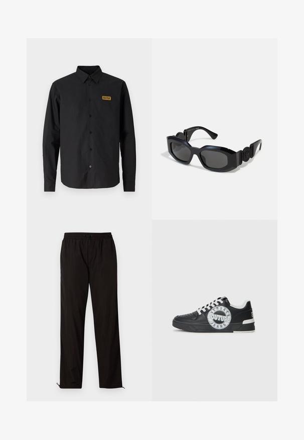 Camicia nera a maniche lunghe con bottoni, realizzata in un tessuto morbido, con un colletto strutturato, una tasca sul petto con logo e bottoni neri.; Pantaloni leggeri neri con vita elastica, chiusura con cordino e orli con zip per una vestibilità regolabile. Texture liscia e elegante.; Sneaker nere in pelle con accenti bianchi, dettagli del logo rotondo, punta perforata e suola a contrasto. Presentano lacci bianchi e branding.; Occhiali da sole neri con una montatura ampia e angolare e lenti scure. Presentano lati neri testurizzati e un accento rotondo con logo sulla tempia.