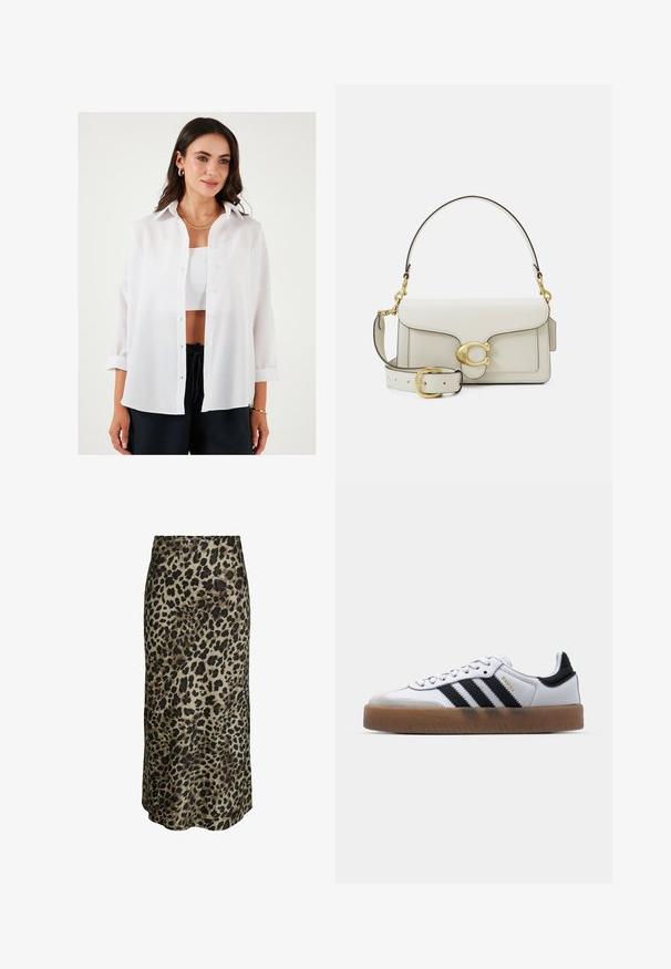 White button-up shirt made of lightweight fabric, featuring a classic collar, long sleeves rolled up, and a relaxed fit.; Leopard print midi skirt in a silky fabric. Features a smooth texture, neutral beige background with deep brown and black spots.; White leather sneakers with black stripes, gum rubber outsole, round toe, lace-up closure, and soft gray suede toe cap.; White leather handbag with gold hardware, featuring a flap closure and a detachable, adjustable strap. Rounded metal accent in center.; Singularu DROP - Earrings - gold-coloured