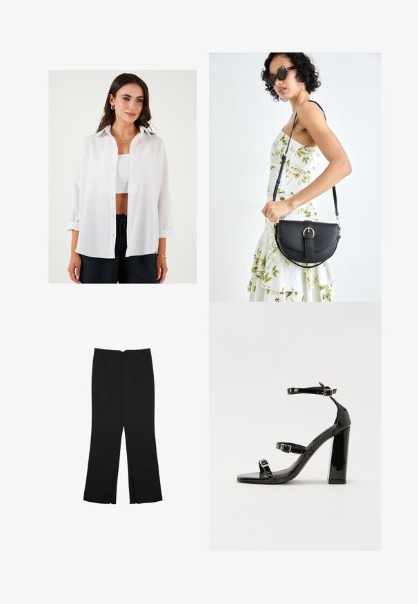 Bela srajca s kratkimi rokavi iz lahkotnega materiala, z klasičnim ovratnikom, dolge rokave zvite in sproščen kroj.; Črne hlače ravnega kroja z naglavnimi žepi in stranskimi razporki na robu. Narejene iz mehke, gladke tkanine. Primerne za različne priložnosti.; Črne lakirane sandale s peto, kvadratnim prstom, trakovi okrog gležnja in srebrnimi zaponkami. Opremljene so s stabilno Debelo peto.; Črna usnjena torbica s ukrivljeno obliko, z odstranljivo naramnico in zlatimi dodatki. Torbica ima pokrov s podrobnostmi v obliki zaponke.