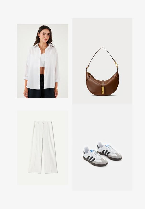 Bílá košile na knoflíky vyrobená z lehkého materiálu, s klasickým límcem, dlouhými rukávy ohrnutými a uvolněným střihem.; Bílé široké kalhoty vyrobené z hladké tkaniny, se zapínáním na přední knoflík a sklady. Hladký přední design, žádné viditelné kapsy.; Sportovní boty s bílým koženým svrškem, šedou semišovou špičkou a třemi černými pruhy. Obsahují modré logo na jazyku a texturovanou gumovou podrážku.; Hnědá kožená taška přes rameno se zakřiveným tvarem, zlatými kovovými doplňky, detaily s vrchním zámkem a akcentem loga. Hladký povrch s prošívanými okraji.
