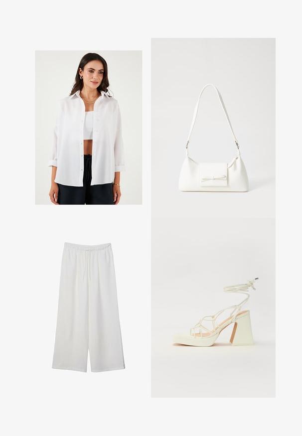 Biela košeľa s gombíkmi vyrobená z ľahkého materiálu, s klasickým golierom, dlhými rukávmi vyhrnutými a vo voľnom strihu.; Biele široké nohavice z ľahkého materiálu s elastickým pásom a šnúrkou na nastavenie veľkosti. Hladká textúra.; Biele sandále na vysokom opätku s hrubým podpätkom, s pruhovaným dizajnom a viazaním na členku. Hladký povrch s platformou vpredu pre zvýšenú výšku.; Biela syntetická kabelka s trojuholníkovým tvarom, plochým predným klapkou a detailom mašle, nastaviteľným popruhom, hladkou textúrou a minimalistickým dizajnom.