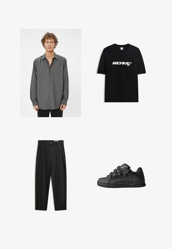 Camicetta grigia scura a maniche lunghe con chiusura a bottone, caratterizzata da un leggero motivo testurizzato e un colletto classico. I bottoni sono grigi scuri.; T-shirt in cotone nero con il logo bianco "ARCHIVE inc." stampato sul petto, maniche corte e colletto a girocollo.; Pantaloni in cotone neri con una vestibilità rilassata, dotati di una vita classica, pieghe frontali e tasche laterali. Tessuto liscio senza fantasie.; Sneaker nere con una toma in pelle liscia, dettagli testurizzati e lacci tondi neri e bianchi. Suola spessa in gomma con battistrada gommato.