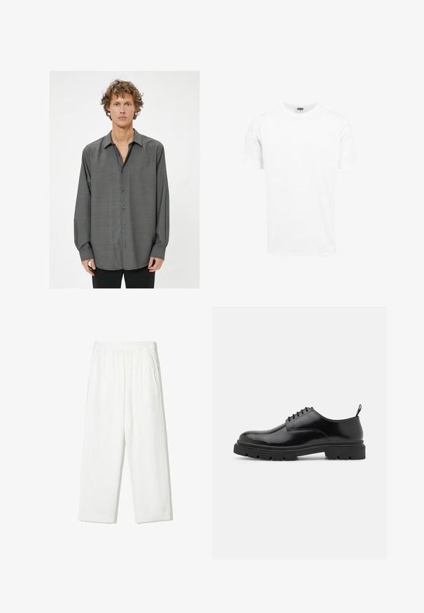Dunkelgraues langärmeliges Hemd mit durchgehender Knopfleiste, das ein dezentes strukturiertes Muster und einen klassischen Kragen aufweist. Die Knöpfe sind dunkelgrau.; Weißes Baumwoll-T-Shirt, kurze Ärmel, Rundhalsausschnitt, gerader Schnitt, weiche Textur, schlichtes Design, keine Grafiken oder Muster.; Weiße weit geschnittene Hosen austexturiertem Stoff. Mit elastischem Bund und zwei seitlichen Taschen. Lässiger, lockerer Schnitt.; Schwarze Leder Schnürschuhe mit runder Zehenpartie, glatter Oberfläche und genoppter Gummisohle. Verfügen über einen kleinen Absatz und eine Ziehschlaufe auf der Rückseite.
