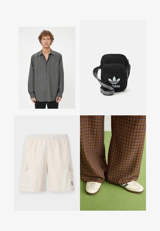 Donkergrijze lange mouwen shirt met een knoopsluiting aan de voorkant, met een subtiel textuurpatroon en een klassieke kraag. De knopen zijn donkergrijs.; Beige cargoshorts met een elastische tailleband, twee zijzakken en een klein logo aan de onderzijde rechts. Glad, lichtgewicht materiaal.; Bruine en blauwe geruite wijde broek, gecombineerd met witte schoenen met zwarte accenten en een gestructureerde zool, gezet tegen een groene achtergrond.; Zwarte stoffen schoudertas met een ritssluiting, voorzien van een wit Adidas-logo en een gestreepte, verstelbare schouderband voor gemakkelijk dragen.