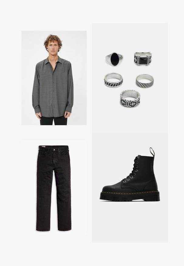 Dunkelgraues langärmeliges Hemd mit durchgehender Knopfleiste, das ein dezentes strukturiertes Muster und einen klassischen Kragen aufweist. Die Knöpfe sind dunkelgrau.; Schwarze gerade Jeans aus Denim mit fünf Taschen, Knopfverschluss und Gürtelschlaufen, flach auf einem weißen Hintergrund ausgelegt.; Schwarze Leder-Schnürstiefeletten mit einer dicken, strukturierten Gummisohle und gelben Steppnähten um die Plattform.; Set aus fünf Ringen: ein silberner Siegelring mit schwarzem Stein, vier metallische Bänder mit verschiedenen Designs, darunter geflochtene und gestreifte Muster.