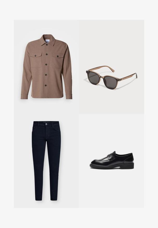 Brun skjorta med knäppning i strukturväv, långa ärmar, två bröstfickor och svarta knappar. Klassisk kragsdesign.; Set med fem kortärmade t-shirts i vitt, beige, ljusgrått, mörkgrått och svart. Tillverkade av mjuk bomull och med rund halsringning.; Mörkblå, slim-fit jeans med fem fickor, knäppning och ett robust denimtyg. Har en klassisk design och minimal sömnad.; Zign LEATHER - Business slip-ins - black; Bruna plastsolglasögon med mörka linser, rund form och avsmalnande skalmar. Anmärkningsvärd utsmyckning på skalmarna.