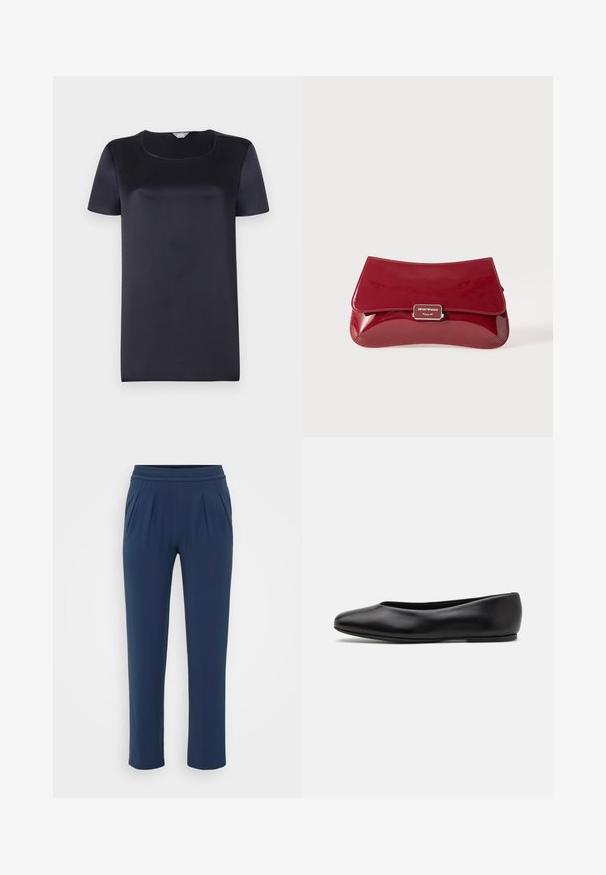 Světlý námořnický modrý top s krátkým rukávem vyrobený z hladké, lesklé tkaniny, s čtvercovým výstřihem a volným střihem. Žádné vzory ani ozdoby.; Námořnické modré vysoké kalhoty s elastickým pasem, rovné široké nohavice a boční kapsy, prezentované na jednolitém pozadí.; Paul Smith TOPANGA - Klasické baleríny - black; Červená lakovaná kabelka s křivkovým designem, překlopným víkem a kovovým logem na stříbrné destičce. Hladký, lesklý povrch.