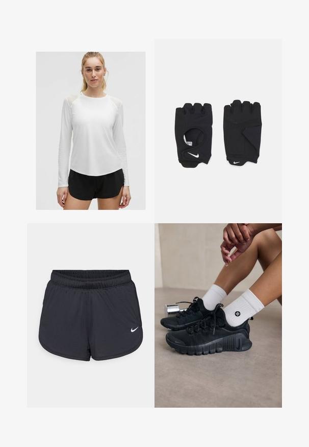 Bijela dugorukava atletska majica sa prozirnim ramenima, okruglim izrezom i zaobljenim rubom, uparen sa crnim kratkim hlačama. Glatka tekstura.; Crne sportske kratke hlače s elastičnim pojasom, sportski dizajn i bijeli Nike logo na donjem prednjem dijelu. Teksturirani materijal.; Crne atletske tenisice s teksturiranim materijalom, vezivanjem i istaknutim potplatom, u kombinaciji s bijelim rebrastim čarapama koje imaju mali logo.; Crne rukavice bez prstiju od rastezljivog materijala, s otvorenim dlanom, naglasima za grip i bijelim Nike logom.