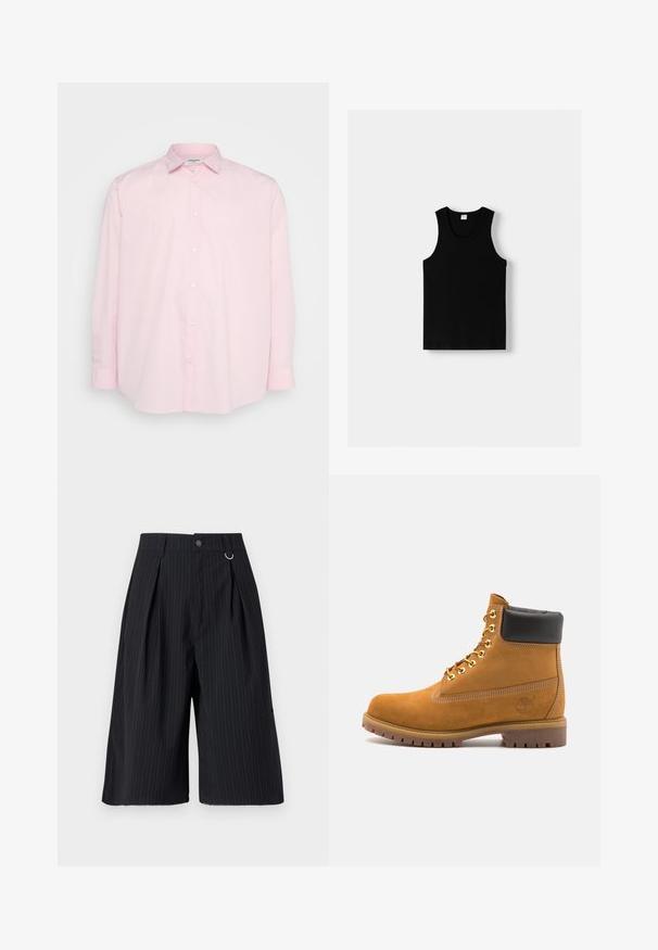 Svetlo roza srajca z dolgimi rokavi, standardnim ovratnikom in belimi gumbi vzdolž sprednje strani, izdelana iz gladkega bombažnega blaga.; Črn majica na bretele z okroglim izrezom in širokimi naramnicami. Narejena je iz mehkega materiala, z gladko teksturo in preprostim dizajnom.; Črne kratke hlače s črtami, z naborki, gumbom za zapiranje in kovinskim obročkom kot dodatkom. Gladka tkanina s krojem, ki se prilega in dolžino do kolen.; Svetlo rjave anklne čizme iz semiša z črnim oblazinjenim ovratnikom, zlatimi kovinskimi očesci, belimi šivi in robustnim gumijastim podplatom s izrazitimi tredi.