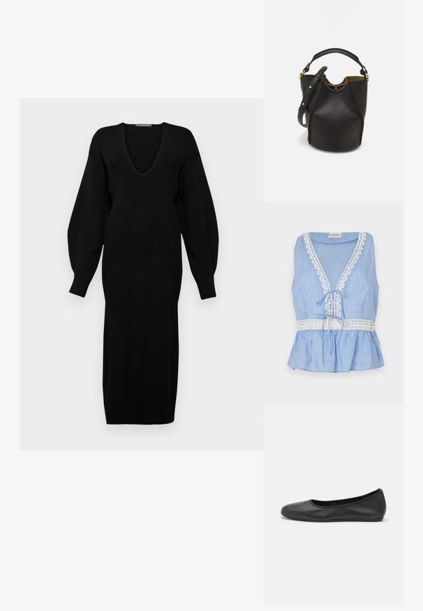 Blau gestreifter ärmelloser Oberteil mit tiefem V-Ausschnitt, Spitzenbesatz entlang des Ausschnitts und Saums, mit einer Schleifendetail an der Taille und einem Peplum-Design.; Schwarzes gestricktes Kleid mit tiefem V-Ausschnitt, langen voluminösen Ärmeln und strukturierten Musterdetails am Oberteil.; Schwarze Leder-Ballettschuhe mit abgerundeter Spitze, glatter Textur, minimalen Nähdetails und einem flexiblen Sohlen-Design.; Schwarze Leder-Eimerhandtasche mit strukturierter Oberfläche, goldenen Hardware-Akzenten und offenem Design. Verfügt über einen kurzen Griff und einen verstellbaren Schultergurt.