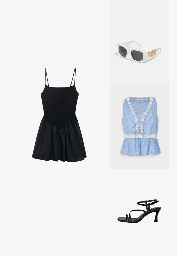 Blau gestreifter ärmelloser Oberteil mit tiefem V-Ausschnitt, Spitzenbesatz entlang des Ausschnitts und Saums, mit einer Schleifendetail an der Taille und einem Peplum-Design.; Schwarzes Kleid mit einem gerafften Oberteil und verstellbaren Spaghetti-Trägern. Der Rock ist gerafft, was eine ausgestellte Form erzeugt. Glatte Textur überall.; Schwarze Leder-Sandalen mit Absatz, ausgestattet mit dünnen Riemen, einer quadratischen Zehenpartie und einem Stiletto-Absatz. Verstellbarer Knöchelriemen für eine optimale Passform. Glatte Textur.; Weiße achteckige Sonnenbrille mit dunklen Gläsern. Verfügt über goldene Hardware-Akzente und ein strukturiertes Design an den Bügeln.; Schwarze synthetische Schultertasche mit geschwungenem Silhouette, strukturiertem Finish, goldenem Dreiecks-Logo und abnehmbaren Hardware-Akzenten.