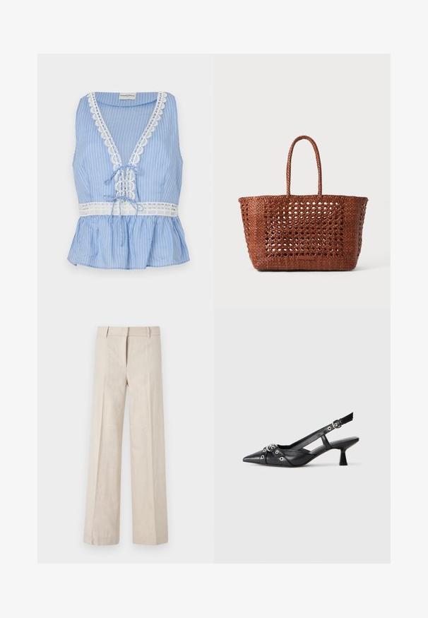 Modra prugasta brezrokavnik z globokim V-izrezom, čipkastim pasom okoli izreza in roba, s pasom na traku v pasu ter peplum krojem.; Bež hlače širokih nogavic v lahkem materialu, z gladko teksturo in čistimi sprednjimi pregibi. Pas je oblikovan z zankami za pas.; Črne usnjene sandale središnje zaponke z ostro konico, okrasnimi trakovi z kovinskimi očesi in nizko blokasto peto. Teksturirana površina.; Tkanovana rjava torba z odprtim vzorcem, pravokotne oblike, in dvema pletenima ročajema. Ima trden dno za podporo.