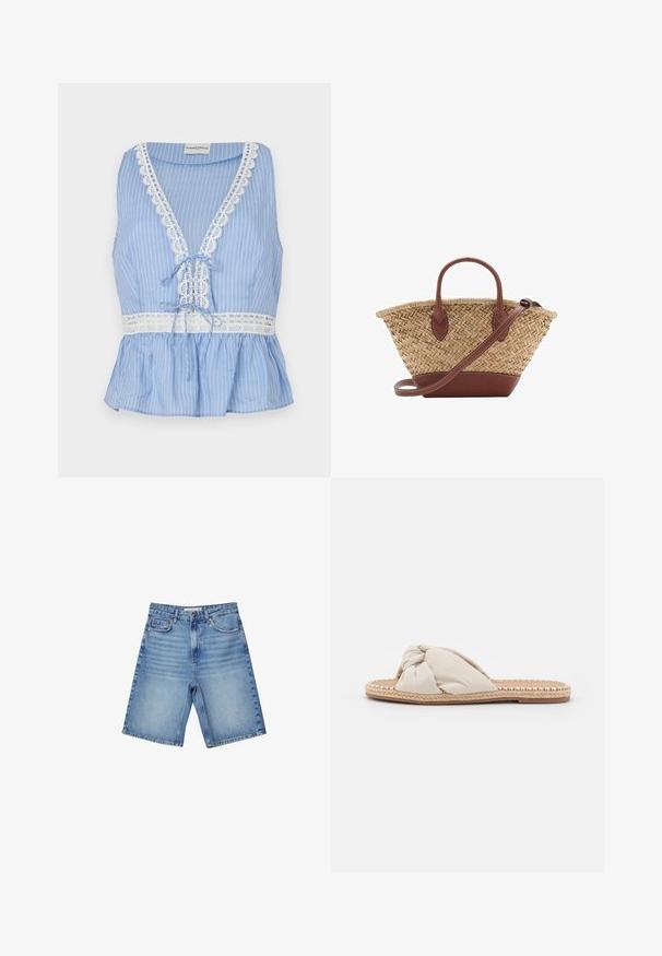 Modrá pruhovaná bezrukávová blúzka s hlbokým výstrihom do V, čipkovým lemovaním okolo dekoltu a spodného okraja, s viazaním v páse a dizajnom s peplum.; Džínsové šortky vo svetlom modrom odtieni s klasickým päťvreckovým dizajnom, zipsom a jemným vyblednutím. Rovný strih s ohnutým lemom.; Béžové textilné šľapky s uzlovým dizajnom na vrchnej časti a pletenou juty podrážkou. Ploché, otvorené špičky, s textúrovaným, splietaným okrajom.; Tkaný košík z prútia so hnedými koženými akcentmi, dvoma rúčkami a odnímateľným popruhom. Zakrivený tvar s pevným dnom.; Zlatý obdĺžnikový náramkový hodinky s bielym ciferníkom, striebornými indexmi a odolným kovovým náramkom. Obsahuje vodoodolnú funkciu.