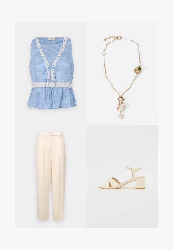 Blue striped sleeveless top featuring a deep V-neck, lace trim along the neckline and hem, with a tie detail at the waist and a peplum design.; Beige tailored trousers with a straight fit, featuring pleats at the front, a smooth texture, and a mid-rise waist. No visible pockets.; Beige patent leather heeled sandals with cross strap design, open toe, adjustable ankle strap, and a block heel. Smooth texture.; Gold-tone necklace with twisted links, white pearls, and a green stone accent. Features intricate details and a clasp for fastening.