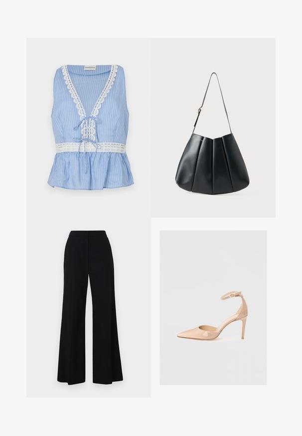 Sininen raidallinen hihaton toppi, jossa on syvä V-pääntie, pitsireunus kauluksessa ja helmassa, vyötäröllä solmuskiristys ja peplum-muotoilu.; Mustat leveälahkeiset housut, joissa on korkea vyötärö, sileä kangas ja siistit linjat. Ei näkyvää metallia tai kuvioita.; Nude lakattu kärkitossu, jossa on nilkkahihna ja tendo, ominaisuutena sileä pinta ja minimalistinen muotoilu.; Mustassa nahkassa olkalaukku, jossa on poimuttunut muotoilu, sileä pinta, yksi hihna ja hienovarainen kultainen yksityiskohta.