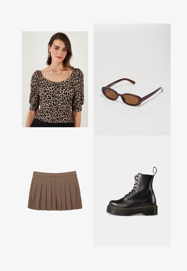 Bluză cu imprimeu leopard, cu mâneci scurte tip puff, decolteu pătrat și țesătură texturată în nuanțe de bej și negru.; Fustă mini plisată maro cu un brâu și detaliu subtil cu logo pe lateral, pe un fundal alb.; Botine din piele neagră, cu șireturi, până la gleznă, cu o talpă chunky neagră și cusături galbene. Dispune de o etichetă de tragere la spate și orificii metalice circulare.; Ochelari de soare rotunzi, cu nuanțe de brown și cu un cadru lucios de burgund. Brațe subțiri cu detalii subtile de branding. Design cu lentile plate.; Geantă din piele împletită, de culoare maro, cu o formă triangulară, lejeră. Are un mâner împletit și închidere cu fermoar pe partea superioară.