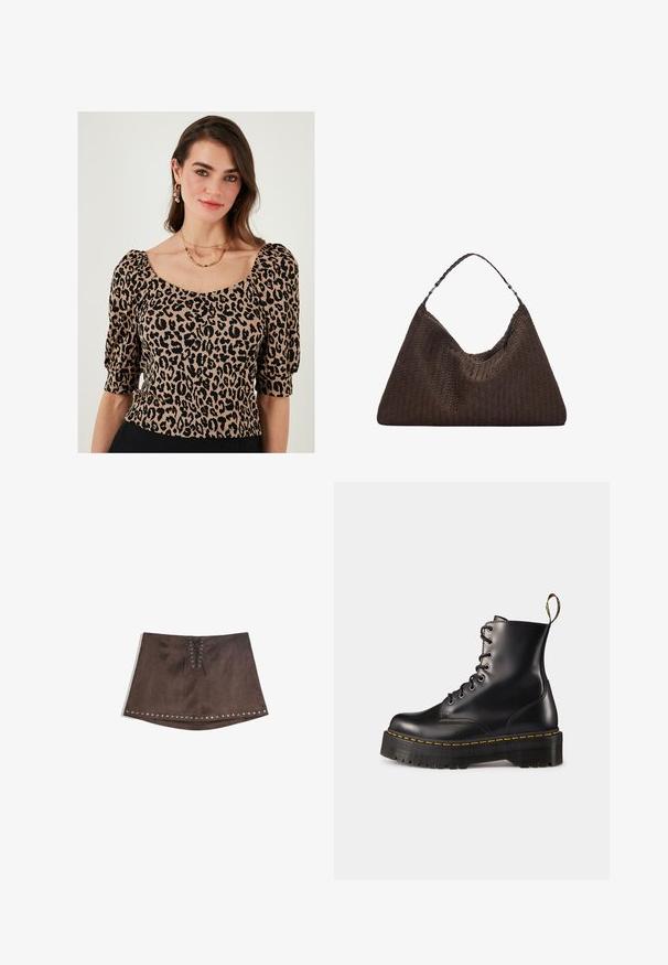 Leopardi-kuosiset puserot, joissa on lyhyet puffihihat, neliömäinen pääntie ja teksturoitu kangas beigen ja mustan sävyissä.; Ruskea tekonahkainen minihame, jossa on edessä nauhakiinnitys ja hopeiset niitit helman ympärillä. Sileä rakenne, A-linjainen muoto ja lyhyt pituus.; Mustat nahkasaappaat, joissa on nyöritys nilkkoihin asti, paksu musta pohja ja keltaset ompeleet. Takana vetotappi ja pyöreät metalliset silmukat.; Ruskean kudottu nahkainen käsilaukku, jolla on löysä, kolmiomainen muoto. Varustettu punotulla kahvalla ja vetoketjukiinnityksellä ylhäällä.
