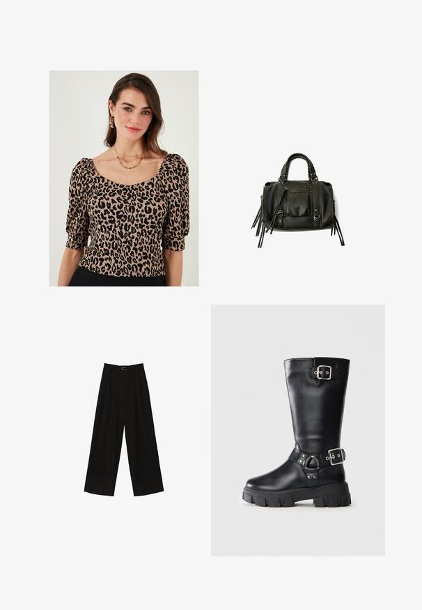 Blusa con stampa leopardata, maniche a sbuffo corte, scollo quadrato e tessuto testurizzato in tonalità di beige e nero.; T-shirt in cotone nero con collo rotondo, maniche corte, vestibilità rilassata e design semplice. Nessun motivo o accentuazione visibile.; Pantaloni neri a gamba larga con vita alta, dotati di una cintura in vita e pieghe per aggiungere texture. Realizzati in un tessuto morbido e leggero.; Stivale in pelle nero a metà polpaccio con suola spessa e dentata, dotato di due cinturini con fibbie argentate: uno in alto e uno attorno alla caviglia.; Borsa a tracolla in pelle nera con manici intrecciati, tasca con zip e nappine pendenti. Superficie texturizzata con borchie metalliche e dettagli in metallo.; Orologio Cluse quadrato con quadrante bianco, dettagli in oro e argento, e cinturino bimetallico con anelli alternati in oro e argento.