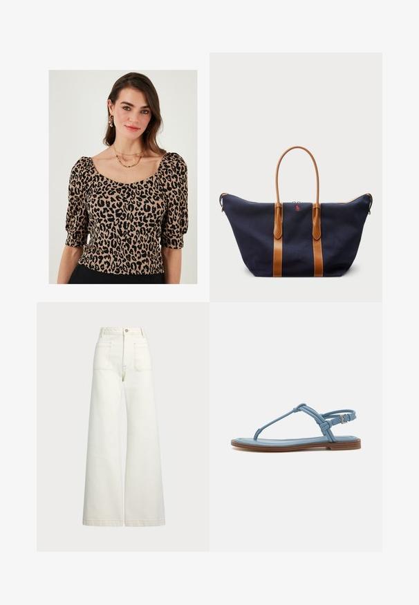 Pērļu raksta blūze ar īsām pūkām, kvadrātveida dekoltē un teksturētu audumu beigu un melnā krāsā.; Platās kājas džinsi off-white denima. Augsta jostasvieta ar pogu aizdari, divas priekšējās kabatas un kontrastējošas šuvju detaļas.; Zila ādas plakanā zamšādas sandaļa, kurai ir šaura siksniņa un sprādze ap potīti, nodrošinot drošu pielāgošanu.; Jūras krāsas kanvas sporta soma ar brūnu ādas siksnām, ar rāvējslēdzēju slēgšanu un mazu sarkanu logotipa detaļu priekšpusē, ar plašu un ietilpīgu dizainu.