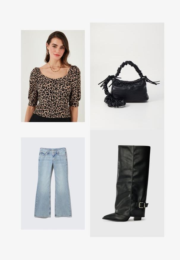 Leopardenmuster-Bluse mit kurzen Puffärmeln, quadratischem Ausschnitt und strukturiertem Stoff in Beige- und Schwarztönen.; Weekday NOVA - Jeans Slim Fit - lip blue; Schwarze Lederstiefeletten in Knöchellänge mit spitzem Zehenbereich, glatter Oberfläche und silberner Schnallenakzent an der Seite. Massiver, quadratischer Absatz.; Schwarze Handtasche aus Kunstleder mit Krokodilstruktur, gerafftem oberen Teil und einem geschoppten Tragegurt. Sie wirkt weich und kompakt im Design.