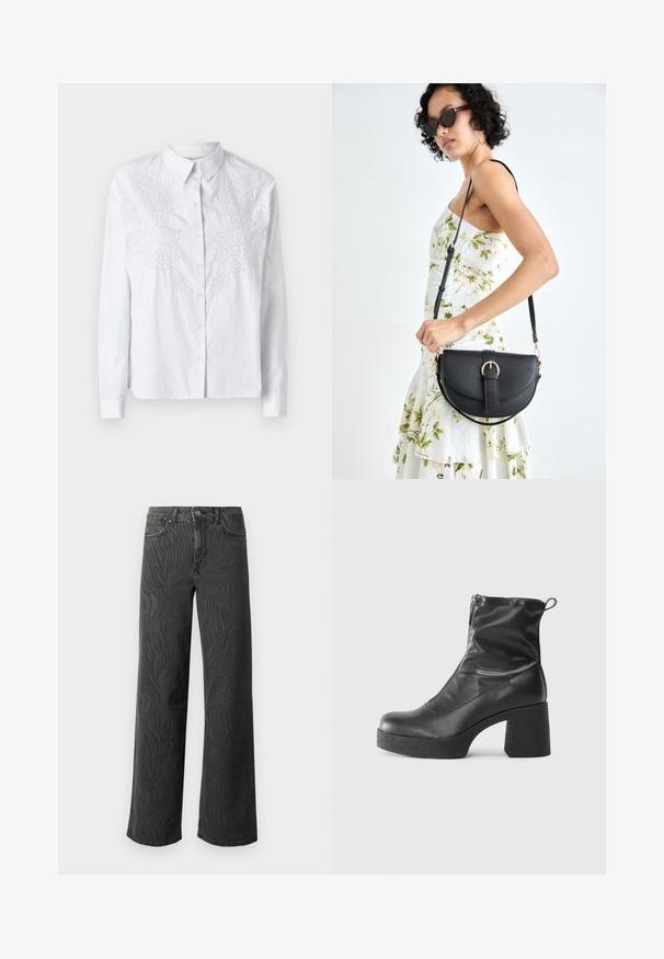 White button-up shirt with long sleeves, featuring intricate white embroidery on the front. Smooth, lightweight fabric.; Wide-leg jeans in dark gray denim, featuring a subtle zebra-pattern texture, contrast stitching, and five-pocket design with a button fly.; Black ankle boots made of smooth leather, featuring a side zipper, chunky textured heel, and rounded toe design.; Black leather handbag with a curved shape, detachable strap, and gold hardware. The bag features a flap with a buckle detail.