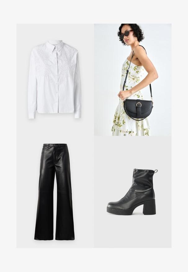 Camisa branca de botão, com mangas longas, apresentando bordados brancos intrincados na frente. Tecido liso e leve.; Calças largas de imitação de couro pretas, de cintura alta, com botão frontal, fecho de correr, passadores de cinto e bolsos laterais sobre fundo branco.; Botas de tornozelo pretas feitas de couro liso, com fecho lateral, salto grosso texturizado e design de bico arredondado.; Bolsa de couro preta com forma curva, alça destacável e detalhes em dourado. A bolsa possui uma aba com detalhe de fivela.
