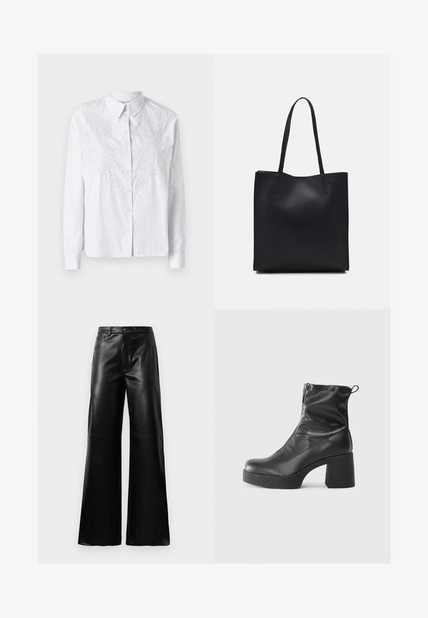 Weißes Hemd mit langen Ärmeln und Knopfleiste, das auf der Vorderseite mit feiner weißer Stickerei verziert ist. Glattes, leichtes Material.; Schwarze leichte, weit geschnittene, hochtaillierte Kunstlederhose mit vorderem Knopf, Reißverschluss, Gürtelschlaufen und Seitentaschen auf weißem Hintergrund.; Schwarze Stiefeletten aus glattem Leder mit seitlichem Reißverschluss, klobigem strukturiertem Absatz und runder Zehenform.; Schwarze Laptoptasche aus Leder mit glatter Textur, rechteckiger Form und zwei langen Griffen. Keine sichtbaren Beschläge oder Verzierungen.