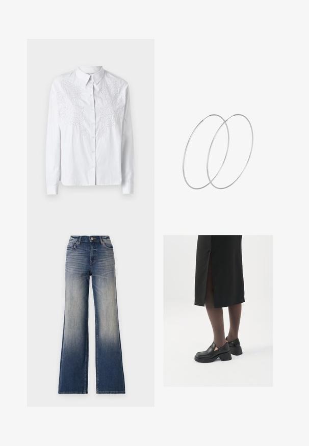 Camisa blanca de botones con mangas largas, que presenta un intrincado bordado blanco en el frente. Tela suave y ligera.; Jeans de pierna ancha de talle alto en denim azul claro a oscuro con desgastes, que presentan un cierre de botón y lazos para cinturón. Bajo limpio y sin adornos visibles.; Zapatos de piel negra con punta redondeada, tacón grueso y bloque, y acentos elásticos en los laterales, combinados con unos pantys oscuros y una falda negra con una abertura.; Pendientes de aro plateados con un diseño minimalista. Forma circular, textura suave y perfil delgado. Livianos con un acabado pulido.