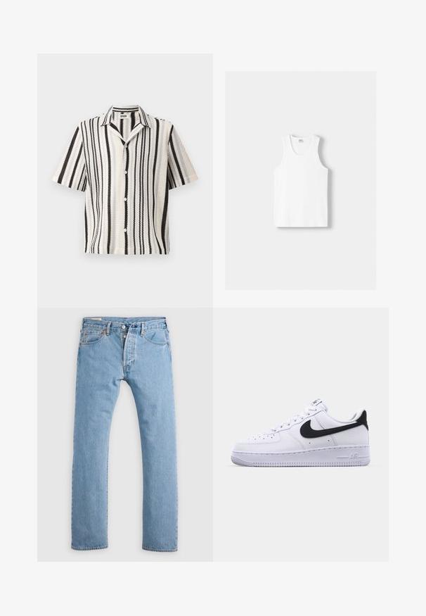 Kratka majica s kratkimi rokavi, tkane teksture, z izmeničnimi črnimi in belimi vertikalnimi črtami ter standardnim ovratnikom. Zapiranje spredaj z dvema gumboma.; Bela bombažna majica brez rokavov z okroglo izrezom, širokimi naramnicami in ravnim robom, ki se ponaša z gladko teksturo in brez vidnih vzorcev.; Svetlo modri naravnost krojeni kavbojki z gumbom, z zankami za pas, ter sprednjimi in zadnjimi žepi, prikazani na beli ozadju.; Bela usnjena tene s teksturiranim črnim Swooshom, ravnimi vezalkami in gumijastim podplatom z rebrastim vzorcem. Na peti je embosirano "AIR".