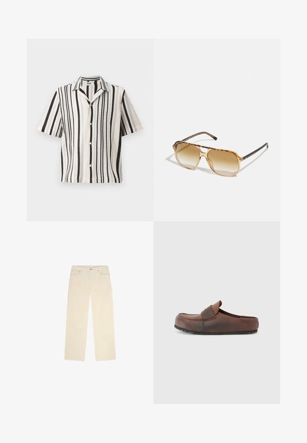 Camicetta a maniche corte con una trama intrecciata, caratterizzata da strisce verticali alternate in bianco e nero e un colletto classico. Chiusura frontale con cinque bottoni.; Pantaloni di velluto a coste beige con design a gamba dritta, dotati di due tasche frontali e di una sottile texture a coste. Inclusi dettagli in metallo.; Scarpa in pelle marrone con punta arrotondata, cuciture decorative e suola in gomma testurizzata. Design semplice e accenti minimi.; Occhiali da sole tartarugati con montatura rettangolare, lenti marroni sfumate e astine nere eleganti con accenti logotipo sottili.