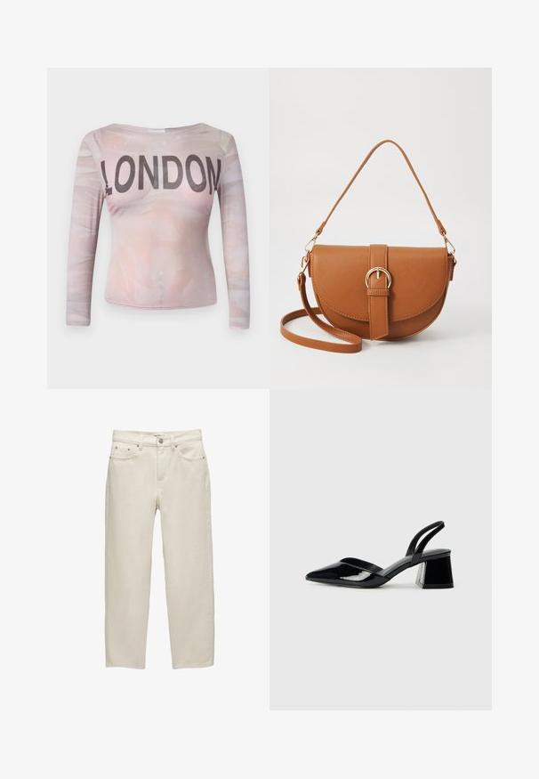 Hosszú ujjú felső, világos rózsaszín absztrakt mintával, amelyen a "LONDON" felirat fekete, vastag betűkkel olvasható a mellkas területén. Nyújtható anyag.; Fehér farmernadrág laza szabással, egyenes szárral, öt zsebes kialakítással, valamint finom textúrájú fém kiegészítőkkel.; Fekete lakk bőr szandálkés magas sarkú cipő, hegyes orral és geometrikus tömbsarkakkal. Karcsú, minimalista dizájn és sima textúra jellemzi.; Barna bőr keresztbody táska ívelt formával, aranyszínű fémrészekkel és csat díszítéssel. Levehető vállpánttal rendelkezik.