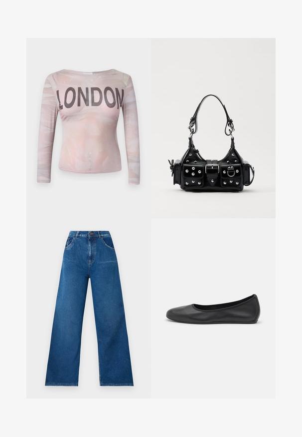 Langärmliges Oberteil mit einem hellrosa abstrakten Muster und dem Wort "LONDON" in fetten schwarzen Buchstaben auf der Brust. Stretchstoff.; Weite Jeans in dunkelblauem Denim mit hoher Taille, ausgestattet mit Front- und Gesäßtaschen sowie Kontrastnähten.; Schwarze Leder-Ballettschuhe mit abgerundeter Spitze, glatter Textur, minimalen Nähdetails und einem flexiblen Sohlen-Design.; Schwarze Lederhandtasche mit einem geschwungenen Design, verziert mit silbernen Nieten, einer Schnalle und zwei seitlichen Taschen. Verstellbarer Träger für verschiedene Tragemöglichkeiten.