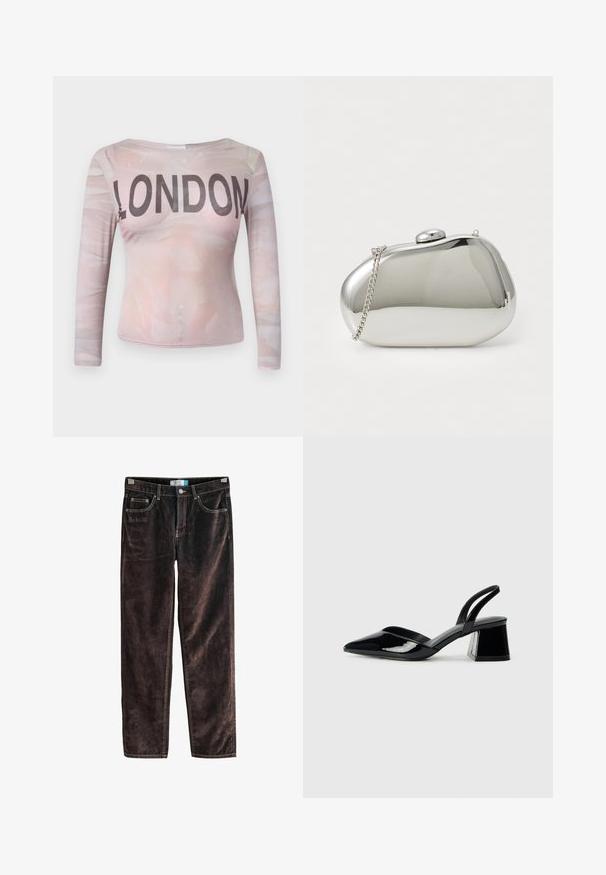 Langärmliges Oberteil mit einem hellrosa abstrakten Muster und dem Wort "LONDON" in fetten schwarzen Buchstaben auf der Brust. Stretchstoff.; Braune Cordhosen mit geradem Bein, fünf Taschen, kontrastierenden Nähten und einem Knopfverschluss an der Taille. Weicher Stoff mit gerippter Struktur.; Schwarze Lackleder-Slingback-High Heels mit spitzem Schuh und einem geometrischen Blockabsatz. Verfügt über ein schlankes, minimalistisches Design und eine glatte Textur.; Silberner Metallclutch mit einer abgerundeten, glatten Form. Verfügt über einen Verschluss und einen abnehmbaren Kettenriemen. Reflektierende Oberfläche ohne Muster.