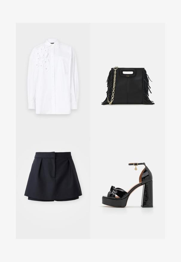 White long-sleeve shirt with a button-up front, featuring flower appliqués on the left side and a chest pocket. Soft, smooth fabric.; Navy pleated shorts with a high waist, made from smooth fabric. Features a fitted design and hidden front pocket.; Maje High heeled sandals - noir; Black leather handbag with fringe details, gold chain shoulder strap, and a cut-out handle. Features logo placement on the front.