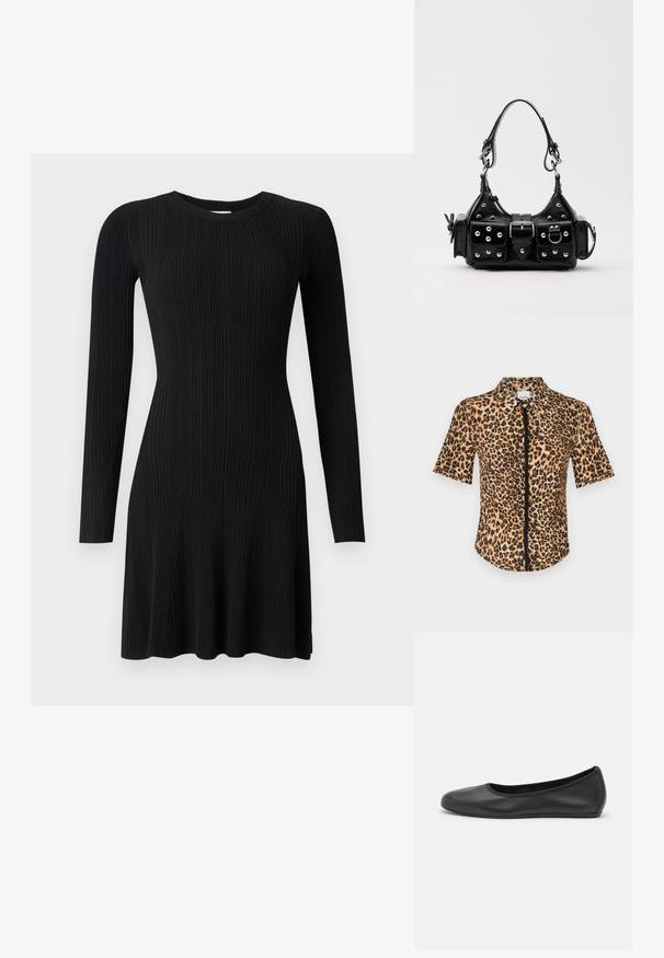 Trumpas rankovėmis marškiniai su mygtukais, su leopardų raštu rudos ir juodos atspalvių. Lygus paviršius su klasikiniu apykakle ir priekiu su mygtukais.; Juoda raukšlėta megzta suknelė su ilgomis rankovėmis, apvaliu iškirpimu ir platesne apatine dalimi. Glotni tekstūra su vertikaliomis juostelėmis ir prigludusia siluetu.; Juodai odiniai baletai su apvaliu pirštu, lygi texture, minimalus siuvimo detales ir lanksčiu padų dizainu.; Juodas odinis rankinukas su kreiviu dizainu, su sidabro spalvos knopkėmis, užsegimu ir dviem šoninėmis kišenėmis. Reguliuojama dirželis nešimui.