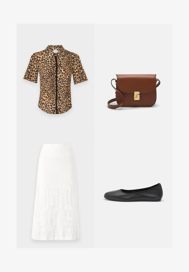 Pogu uz augšu zābaks ar īsām piedurknēm, kas izceļ leopardu rakstu brūnos un melnos toņos. Gluda tekstūra ar klasisku apkakli un priekšējo pogu cilpu.; Adīts balts midi svārki ar teksturētu rakstu, kas ietver vertikālas līnijas un izgriezumus pie apakšmalas. Elastīgs vidukļa jostasvads. Mīksts materiāls.; Melna ādas baleta kurpe ar noapaļotu purngalu, gludu tekstūru, minimālu šuvju detalizāciju un elastīgu zoles dizainu.; Bordo ādas rokas soma ar atloku, zeltītām detaļām, plecu siksnu un gludu virsmu. Kompakta, taisnstūrveida forma.