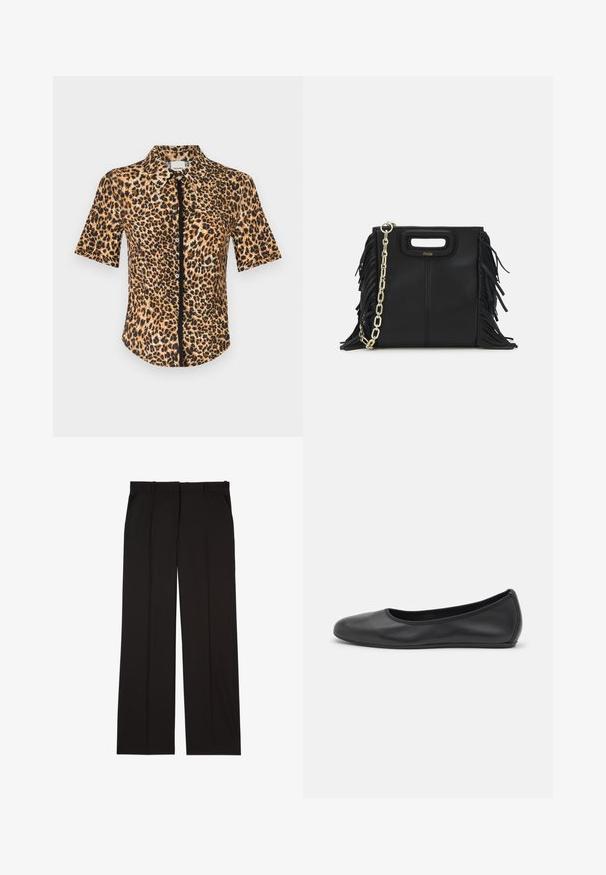 Trumpas rankovėmis marškiniai su mygtukais, su leopardų raštu rudos ir juodos atspalvių. Lygus paviršius su klasikiniu apykakle ir priekiu su mygtukais.; Juodos pritaikytos kelnės, pagamintos iš lygaus audinio, su tiesiomis kojomis ir dviem šoniniais kišenėmis. Elegantiška ir minimalistinė konstrukcija.; Juodai odiniai baletai su apvaliu pirštu, lygi texture, minimalus siuvimo detales ir lanksčiu padų dizainu.; Juodas odinis rankų darbo rankinys su frinzuotomis detalėmis, auksine grandinės petneša ir išpjauto dizaino rankena. Pirmoje pusėje yra logotipo vieta.