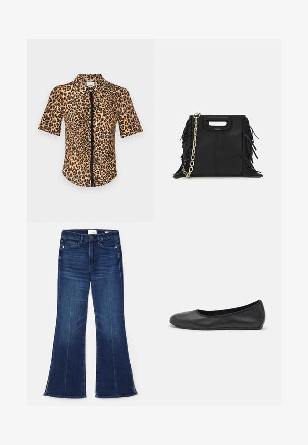 Rövid ujjú, gombos ing, barna és fekete leopárd mintázattal. Simább textúra, klasszikus gallérral és elöl gombolással.; Sötétkék, trapéz fazonú farmernadrág, amelyek denim anyagból készültek. Magas derekú, elöl zsebekkel és részekkel a szegésnél. Klasszikus, öt zsebes kialakítás.; Fekete bőr balettcipő lekerekített orral, sima tekstúrával, minimális varrással és rugalmas talp kialakítással.; Fekete bőr kézitáska, frufrus részletekkel, arany láncos vállpánttal és kivágott fogantyúval. Az elülső részen logó található.