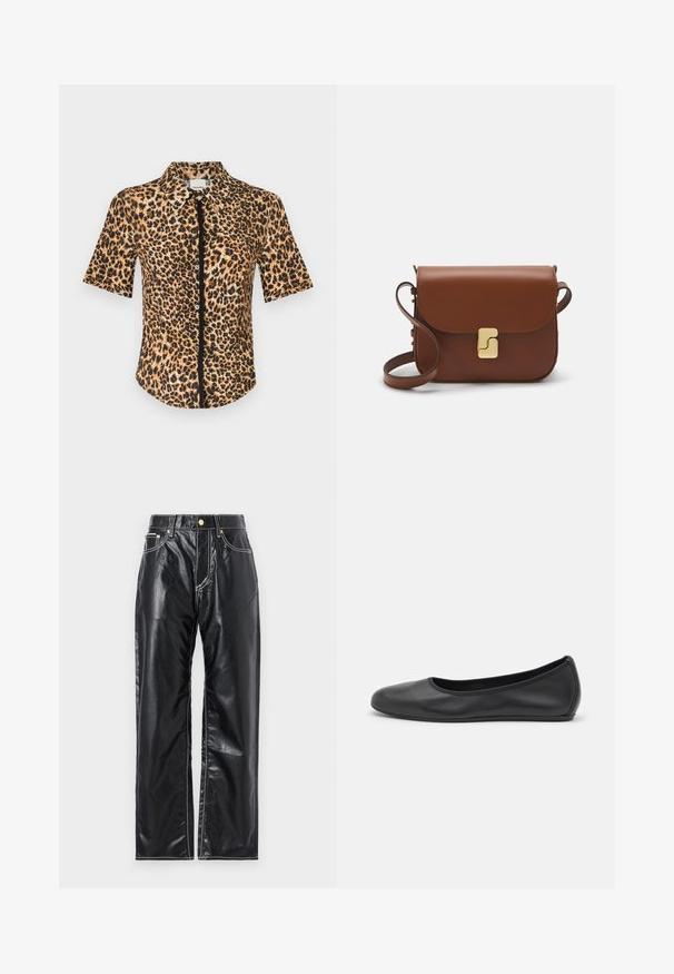 Cămașă cu butoni, cu mâneci scurte, cu un imprimeu de leopard în nuanțe de maro și negru. Textură netedă cu guler clasic și placket frontal.; Pantaloni negri din piele ecologică cu croială largă, cu cusături albe, buzunare frontale și un nasture aurie la talie.; Balerini din piele neagră, cu vârf rotund, textură netedă, detalii de cusătură minimale și un design al tălpii flexibil.; Geantă de piele maro cu închidere tip capac, accesorii de culoare aurie, curea de umăr și o textură netedă. Formă compactă și rectangulară.
