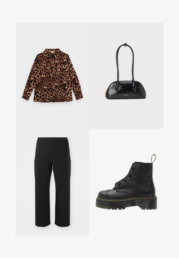 Camicia con stampa leopardata caratterizzata da un design con bottoni, maniche lunghe, due tasche sul petto e colletto. Realizzata in tessuto morbido con una palette di colori calda.; Vero Moda Curve VMCAUGUSTA PANT - Pantaloni - black; Stivale alla caviglia in pelle nera con superficie testurizzata, punta tonda, design con lacci, cuciture gialle e una suola piatta nera spessa e scanalata.; Borsa nera con motivo coccodrillo, dal texture liscia, forma arrotondata e due manici sottili. Accento del logo dorato vicino alla base.; Orecchini a cerchio in metallo argentato, di forma ovale, design sottile, leggeri, con una texture liscia e una chiusura sicura per un facile utilizzo.